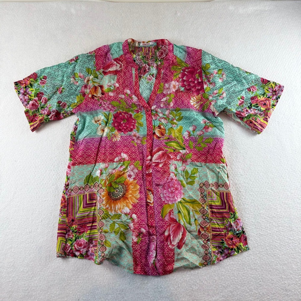 Johnny Was Womens Medium Silk Floral Patchwork Button Down Blouse Pink Turquoise